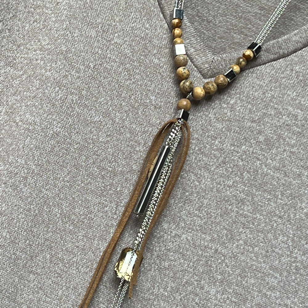 WHBM Silvertone Y-Necklace with Wooden/stone & Faux Leather Features